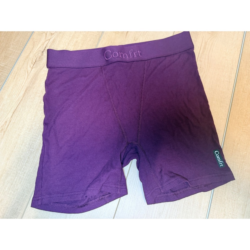 Comfrt Ribbed Lounge Shorts Women XL Purple High Waist Elastic Logo Athleisure